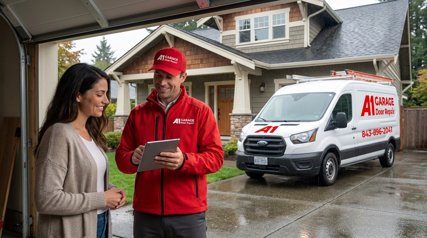 A1 Garage Door Repair technician discussing service options with a homeowner in front of a service van..jpg in Charleston, SC